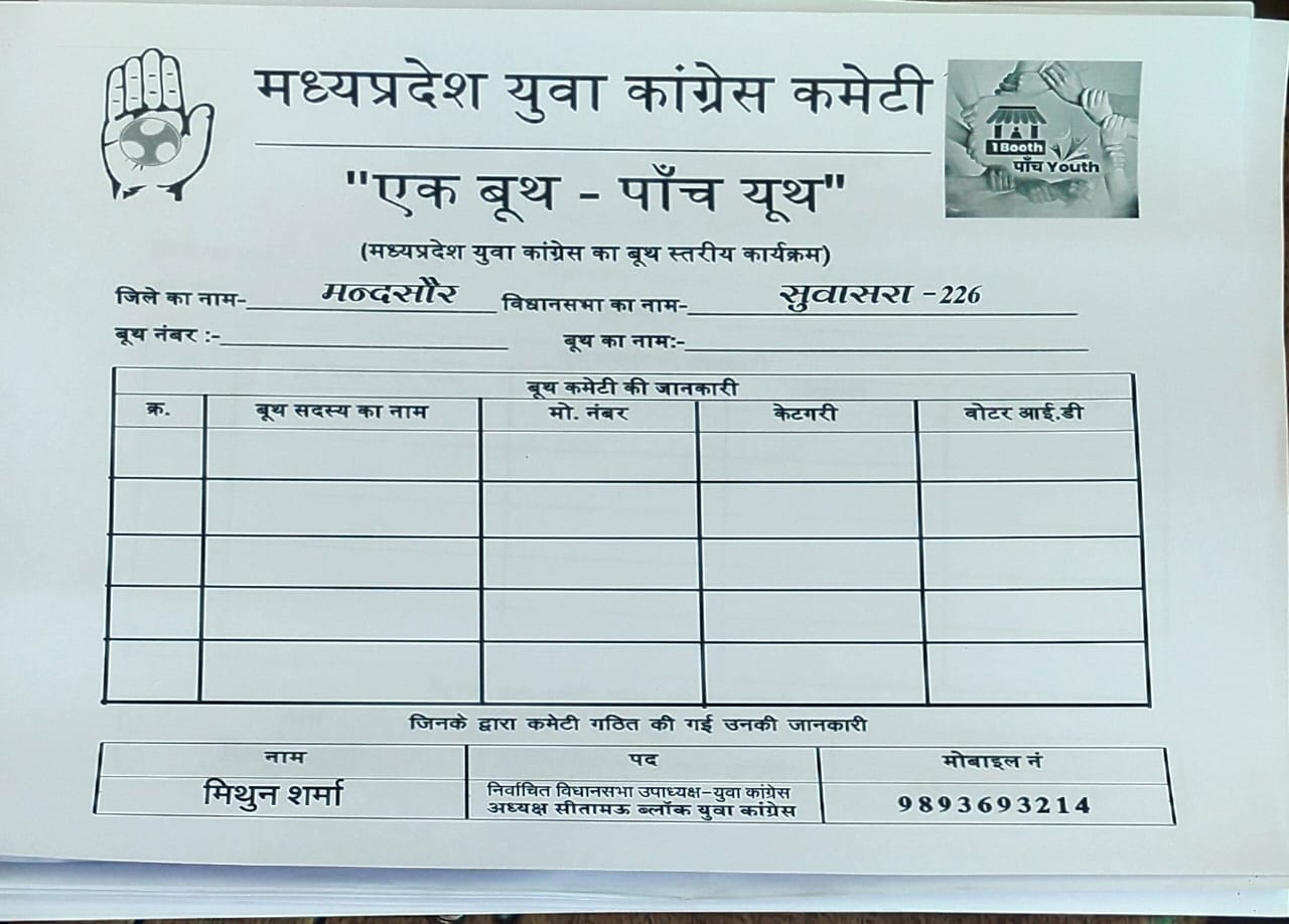 एक बूथ पांच यूथ के फॉर्मूला के साथ युवा कांग्रेस ब्लॉक अध्यक्ष मिथुन शर्मा मैदान में सक्रिय